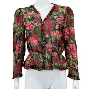 The Kooples Top Womens 1 Small Painted Roses 100% Silk‎ Sheer Floral Whimsigoth